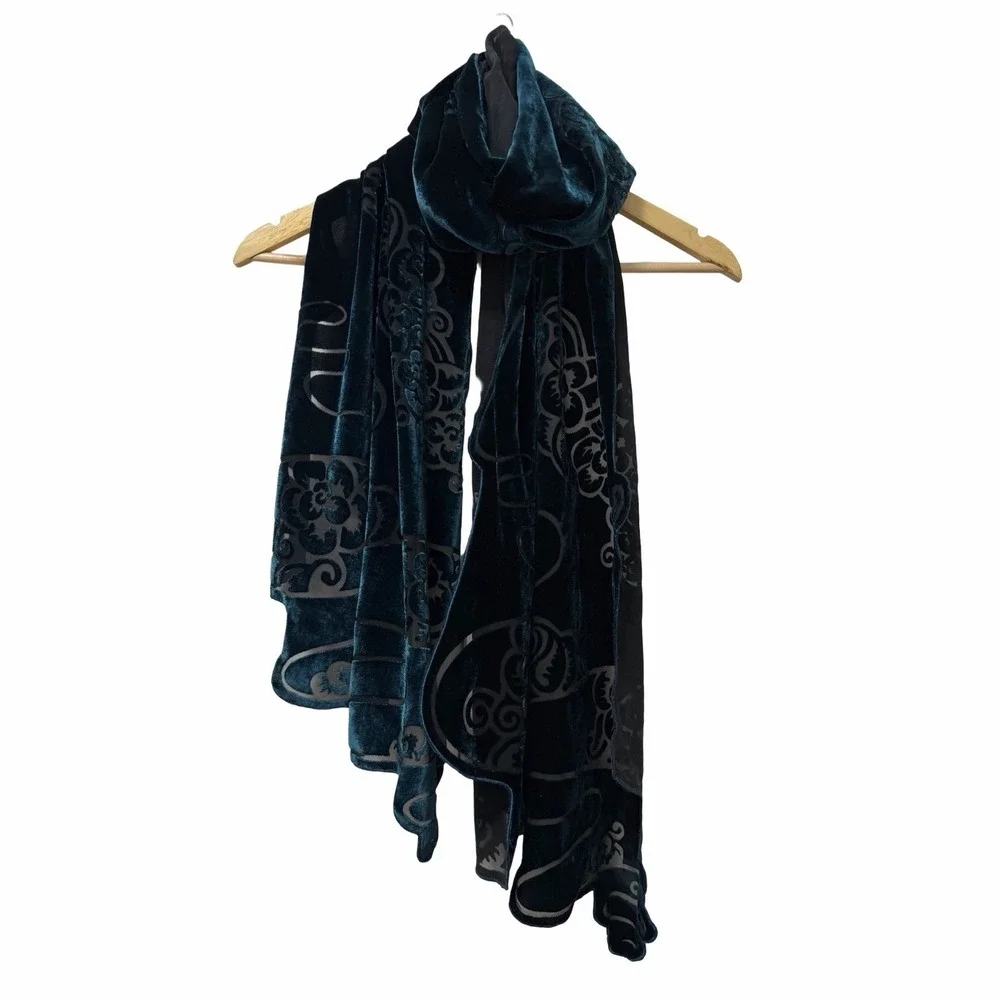 Zazou Luxe Velvet Burnout Sheer Silk Blend Scarf Wrap Shawl Peacock Blue/ Teal
